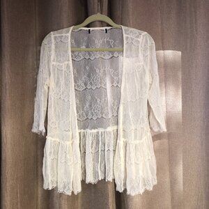 Lace Cover Up Light Sweater Stretchy in Cream Lrg Holiday Boho Festival Top